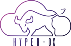 Logotipo de la empresa Hyper-OX, que muestra la silueta de un toro estilizado en color púrpura con un contorno de nube detrás, acompañado del texto 'Hyper-OX